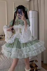 Green Multi-layer Ruffle Hanayome Lace Lace-Up Plus Size Sweet Lolita Jsk Dress (Short Version) - Product - 7