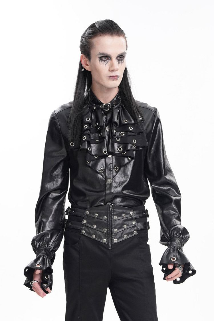 Black Long Sleeves Eyelets Buckle Men's Gothic Blouse - Product - 6