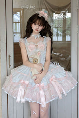 Blue [Candy Satin Ballet] Square Collar Sleeveless Multi-Layered Ruffled Bow Lace Pearl Detail Sweet Lolita Jsk Dress - Product - 7