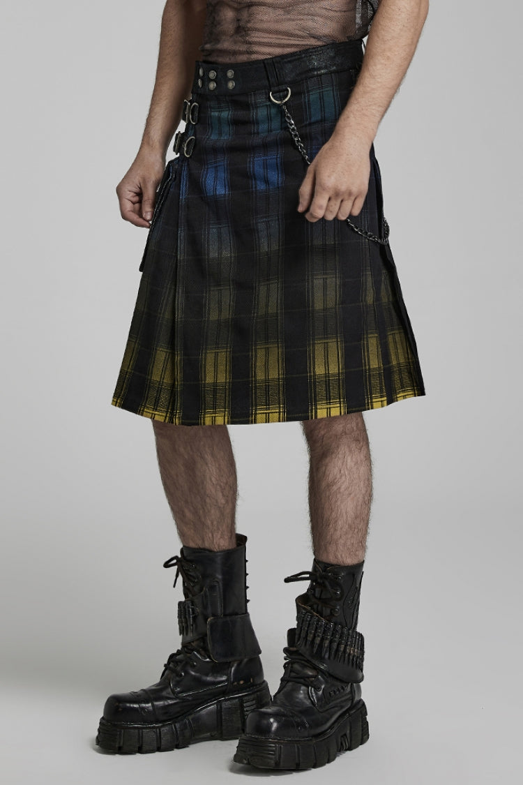 Plaid Print Gradient Stitching Adjustable Waist Men's Steampunk Skirt 2 Colors - Product - 2