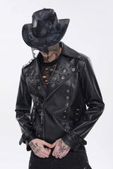 Black Lapel Collar Long Sleeves Studded Buckled Zippered Eyelet Women's Punk Jacket - Product - 11
