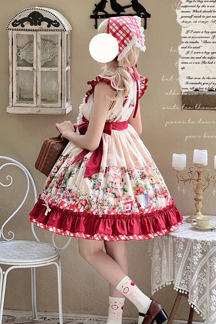 Red [December Strawberry Bear] Print Ruffle Bowknot Sweet Lolita Dress - Product - 3