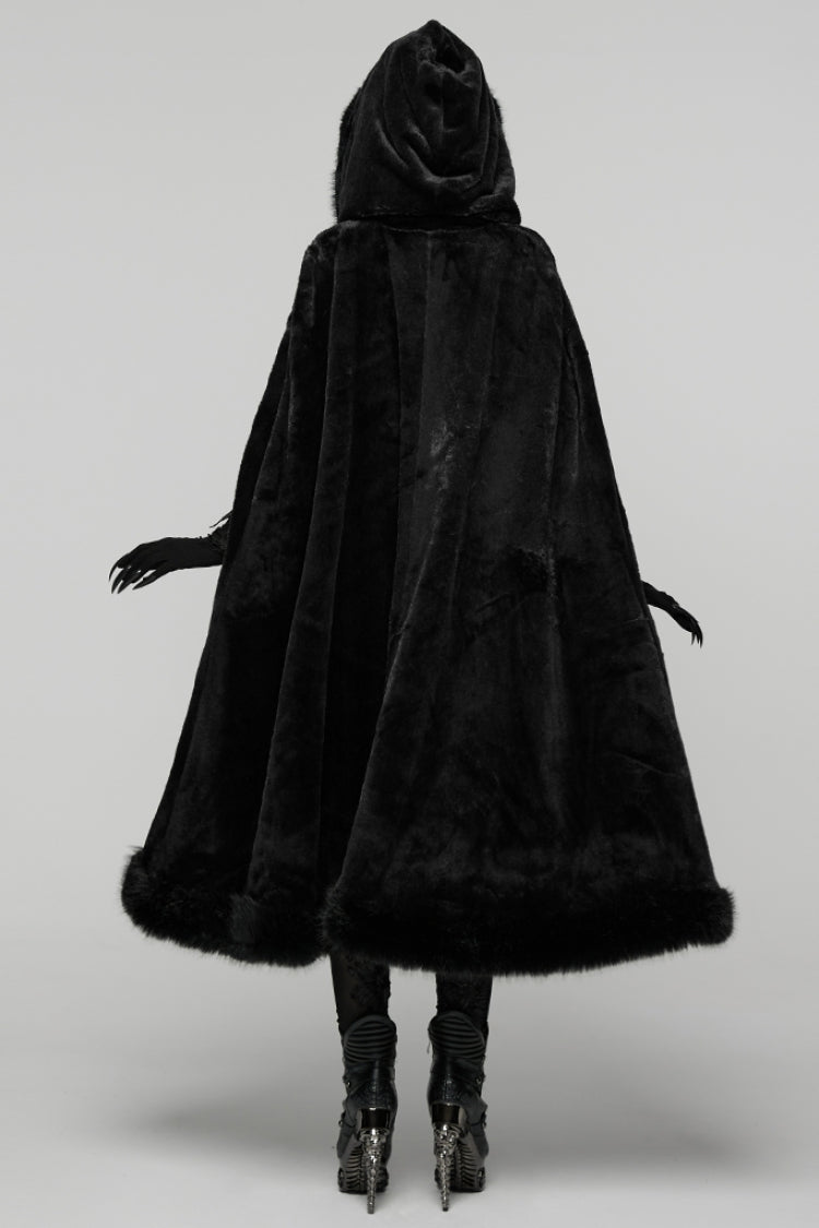Black Faux Fur Spliced Hooded Women's Gothic Coat Cloak - Product - 3