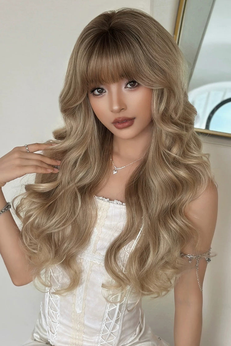 Stellar Glow Brown-Gold Balayage Lazy Vibe Long Big Wavy Wig with Blunt Bangs - Product - 5