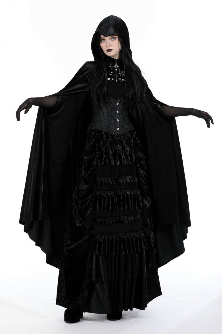 Black Cross Zippered Floral Embroidered Women's Gothic Cloak with Hood - Black - 1