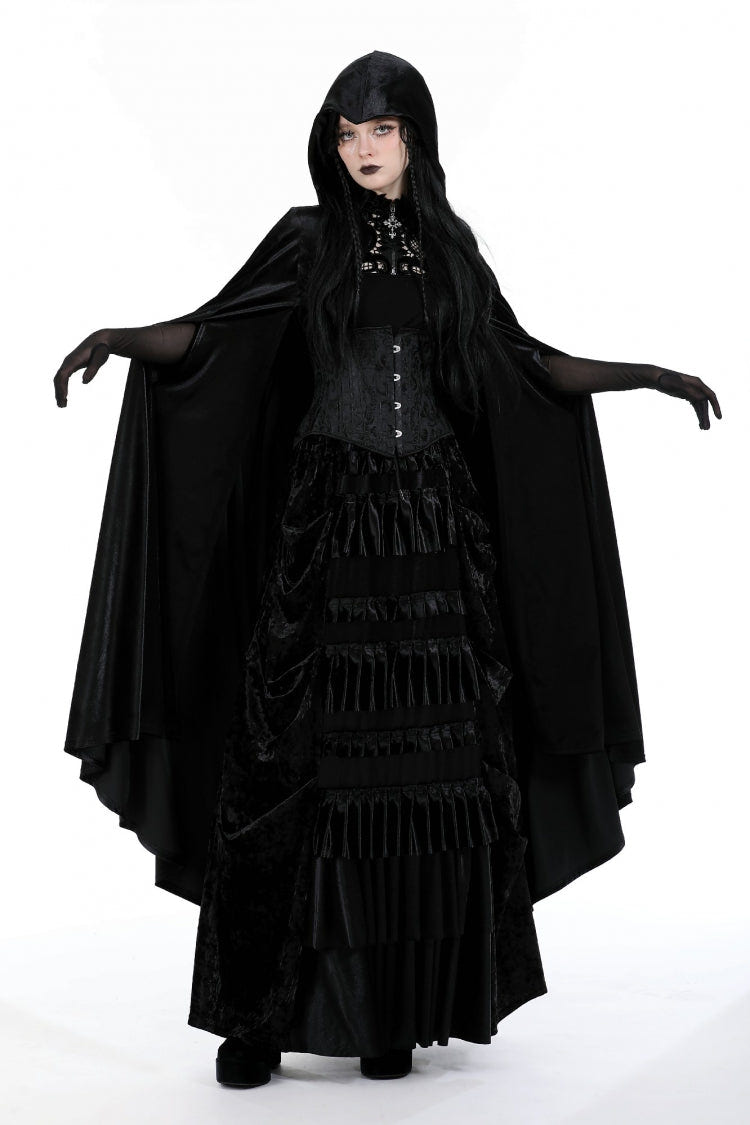 Black Cross Zippered Floral Embroidered Women's Gothic Cloak with Hood - Black - 1