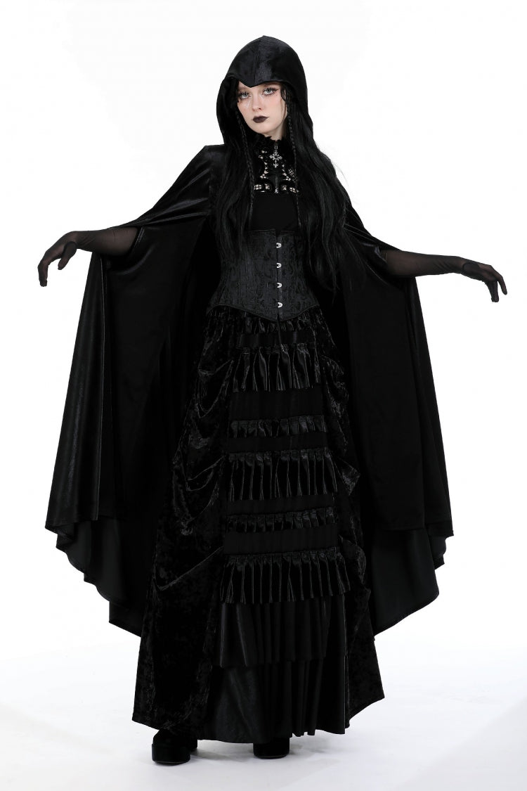 Black Cross Zippered Floral Embroidered Women's Gothic Cloak with Hood - Black - 1
