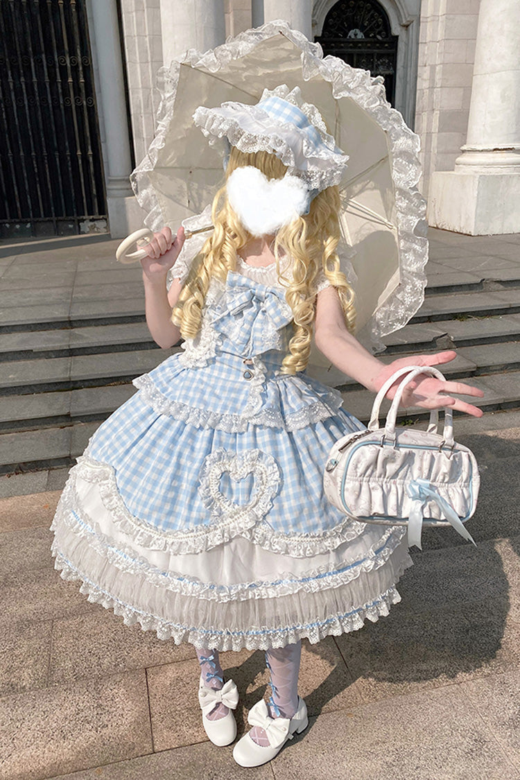 Blue [Tea Break Sweetheart] Short Sleeves Multi-Layered Plaid Print Ruffle Sweet Lolita Dress - Product - 10
