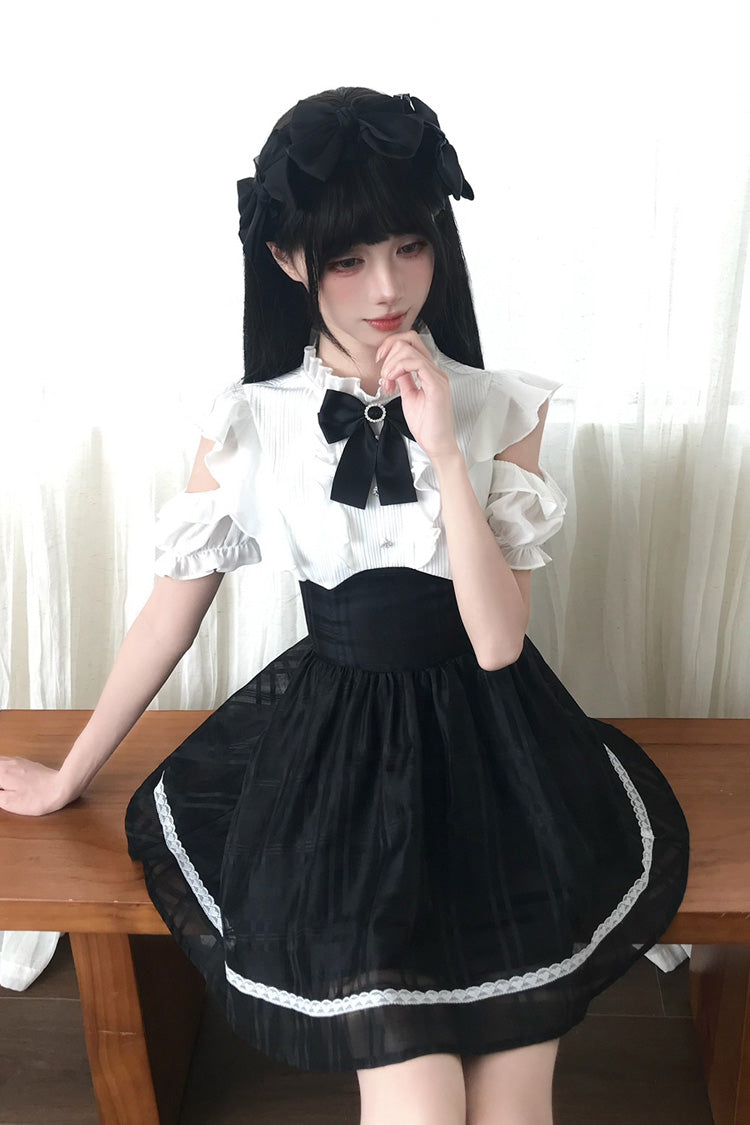Black/White [Moonlit Poem] Stand Collar Off Shoulder Short Sleeves High Waisted Ruffled Bow Lace Sweet Princess Lolita Dress - Product - 3
