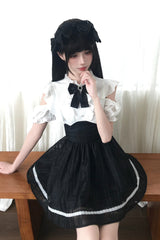 Black/White [Moonlit Poem] Stand Collar Off Shoulder Short Sleeves High Waisted Ruffled Bow Lace Sweet Princess Lolita Dress - Product - 3