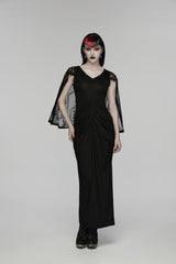 Black V Collar Short Puff Sleeves Hanayome Cut-Out Lace Pleated Women's Gothic Wedding Dress - Black - 1