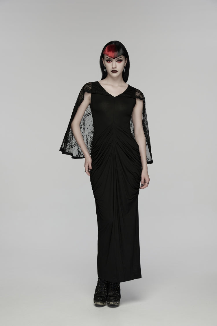 Black V Collar Short Puff Sleeves Hanayome Cut-Out Lace Pleated Women's Gothic Wedding Dress - Black - 1