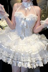 White [Love God Bride] Halterneck Ruffle Hanayome Bowknot Lace Sweet Princess Lolita Jsk Dress - Product - 4