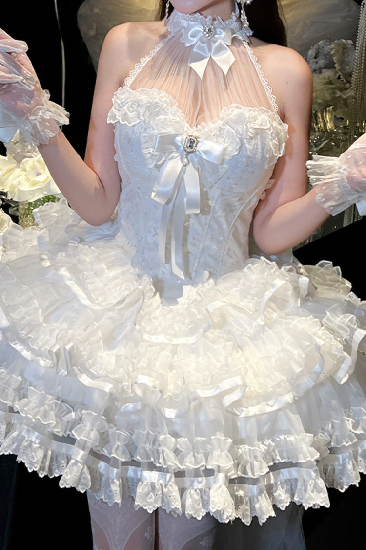 White [Love God Bride] Halterneck Ruffle Hanayome Bowknot Lace Sweet Princess Lolita Jsk Dress - Product - 4
