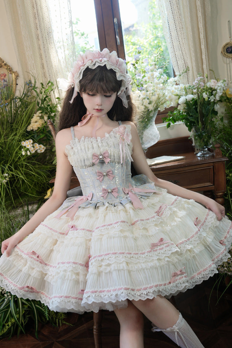 Blue/Apricot [Sea Salt Souffle] Sleeveless Multi-Layered Bowknot Lace Sweet Ballet Lolita Jsk Dress - Product - 6