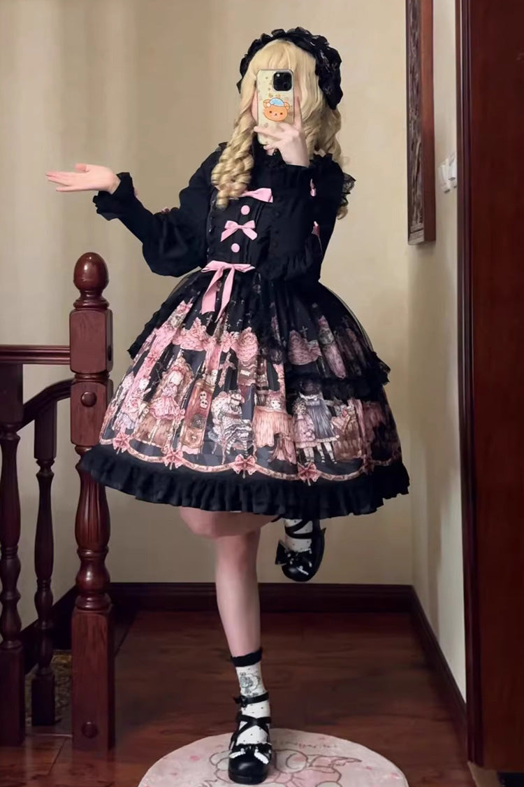 Black [The Case of the Missing Lamb] Print Ruffle Bowknot Lace Gothic Lolita Jsk Dress - Product - 9