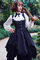 Black Sleeveless Striped Print Lace-Up Irregular Hem Gothic Lolita Dress - Product - 2
