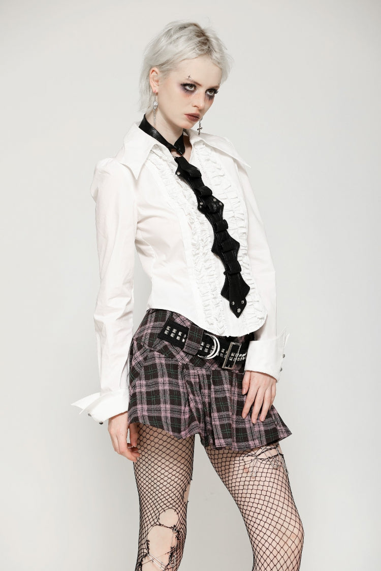 Pink/Brown Buckled Plaid Women's Punk Pleated Mini Skirt - Product - 5