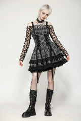 Grey Sleeveless Layered Lace Hem Plaid Women's Punk Party Slip Dress Graduation Dress - Product - 7
