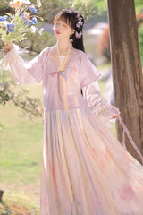 Multi-Color Round Collar Long Trumpet Sleeves High Waisted Print Sweet Hanfu Full Set - Product - 4