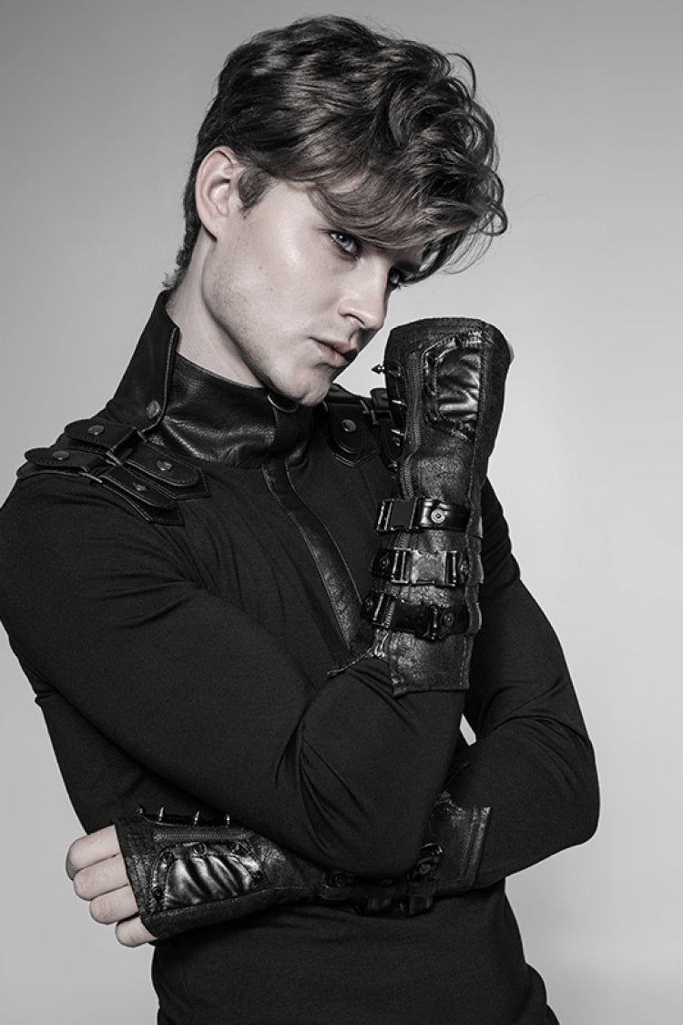 Black Faux Leather Metal Rivet Buckle Men's Steampunk Gloves - Product - 3