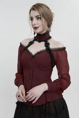 Red Lace Trim Panel Adjustable Back Long Sleeve Women's Gothic Shirt - Product - 2