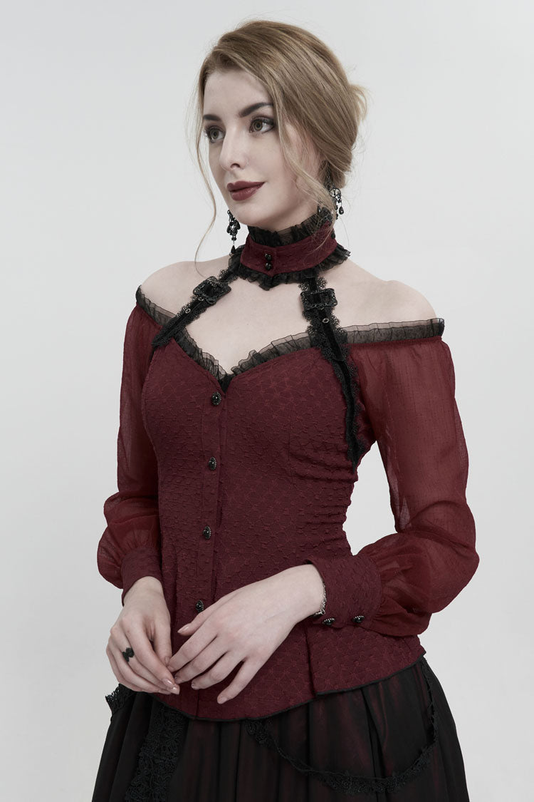 Red Lace Trim Panel Adjustable Back Long Sleeve Women's Gothic Shirt - Product - 2