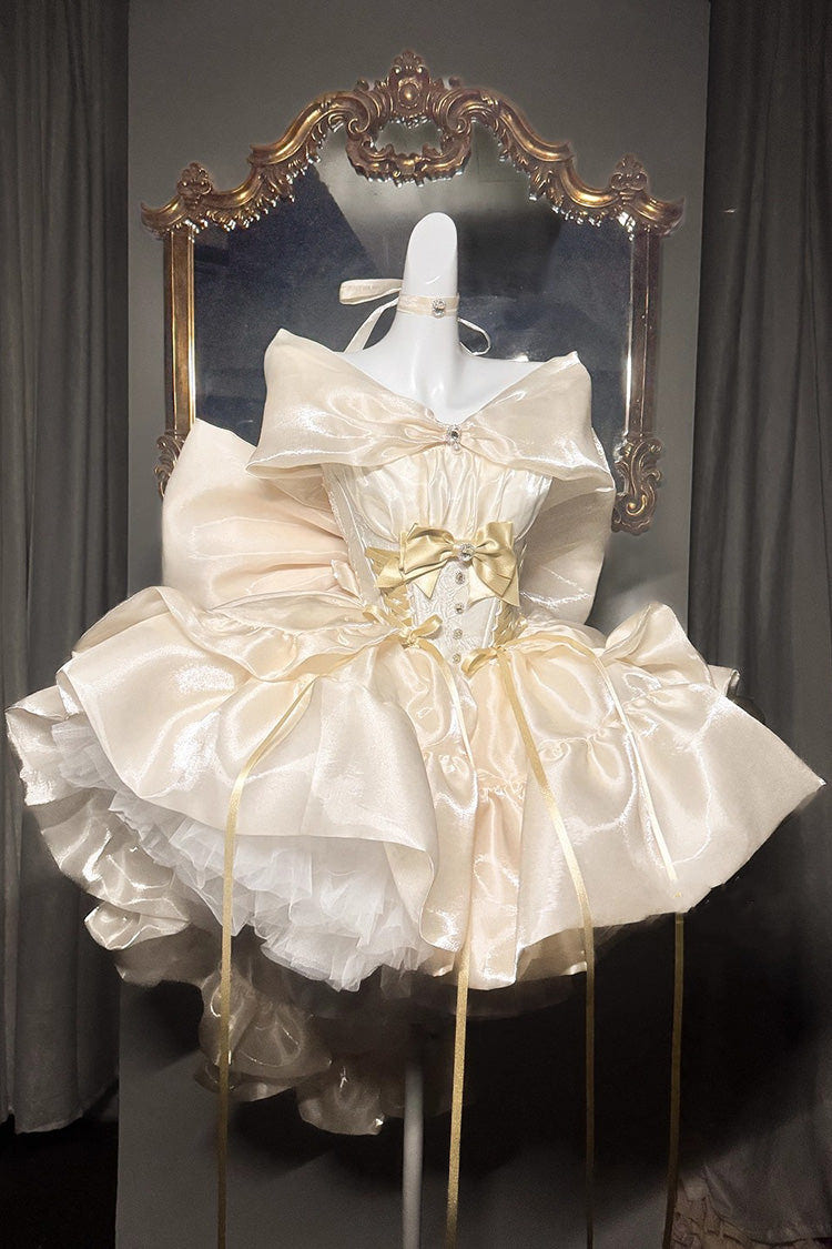 Gold [Proxima Centauri] Off Shoulder Ruffle Bowknot Sweet Princess Lolita Dress - Gold - 1