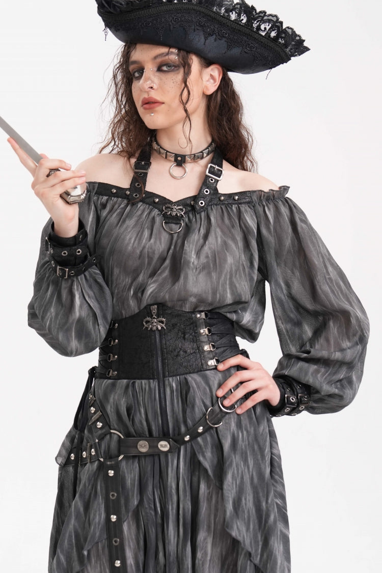 Grey Buckle-up Halterneck Long Sleeves Women's Gothic Blouse - Product - 6
