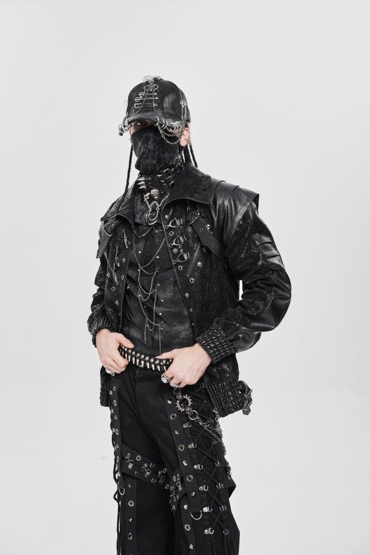 Black Faux Leather Stitching Buckle Zipper Straps Men's Punk Coat - Product - 9
