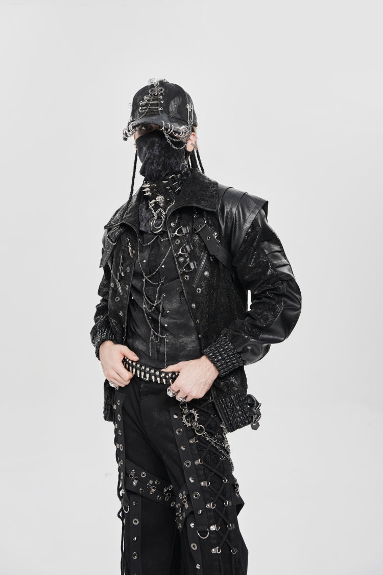 Black Faux Leather Stitching Buckle Zipper Straps Men's Punk Coat - Product - 9