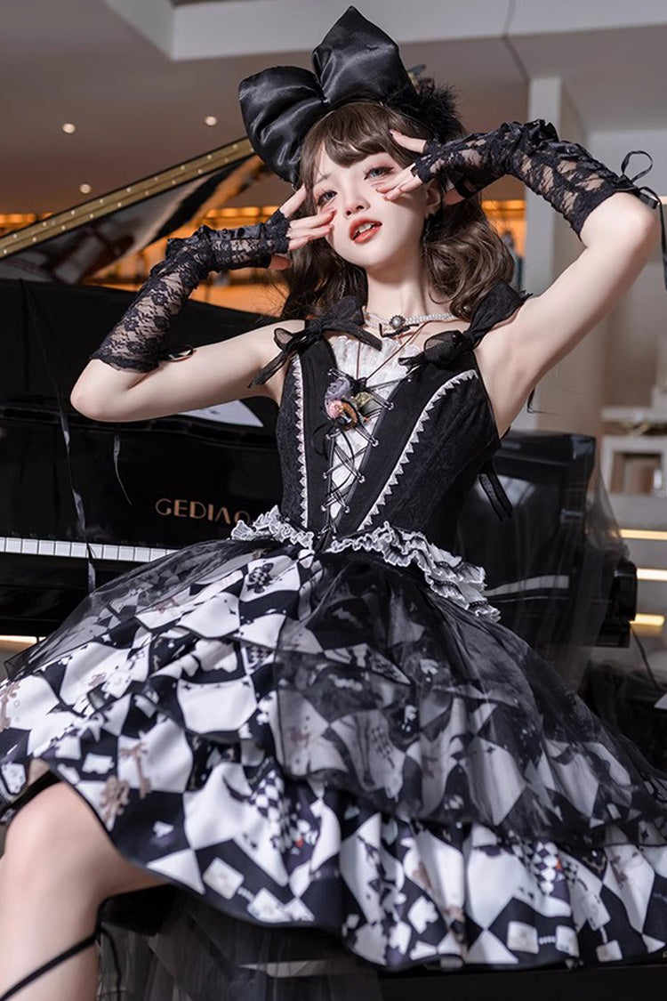 Black/White [Board Games] Triple-Layered Print Ruffle Vintage Lolita Skirt - Product - 2