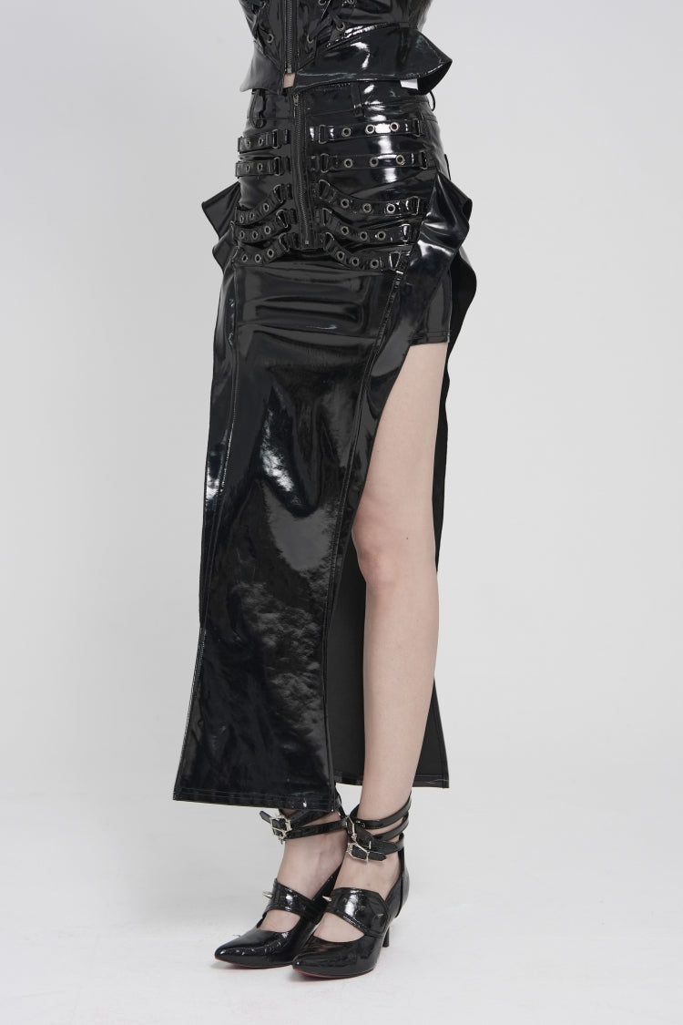 Black Cut-Out Irregular Zippered Women's Punk Long Skirt - Product - 9