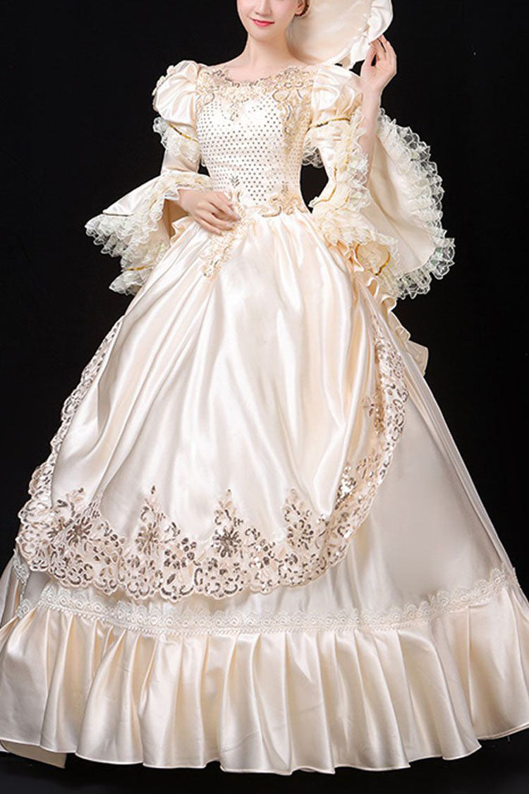 White Court Style High Waisted Flowers Decoration Hime Sleeves Victorian Lolita Prom Dress - white - 1