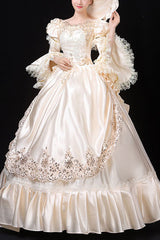 White Court Style High Waisted Flowers Decoration Hime Sleeves Victorian Lolita Prom Dress - white - 1