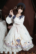 Weißer marineblauer Kragen, lange Ärmel, Schmetterlingsdruck, Rüschen, Schleife, süße, elegante Prinzessin (Kleid einzeln), Vorderansicht