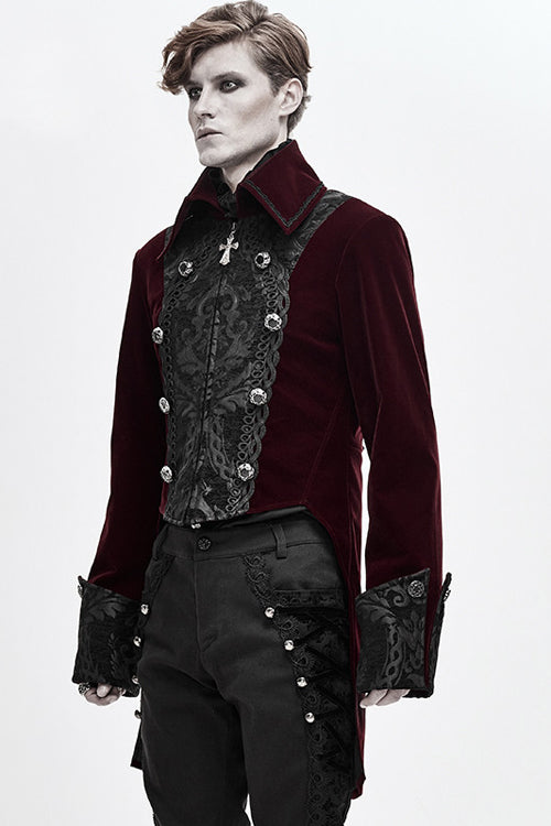Red Court Pattern Lapel Collar Velvet Mens Gothic Coat - Product - 2
