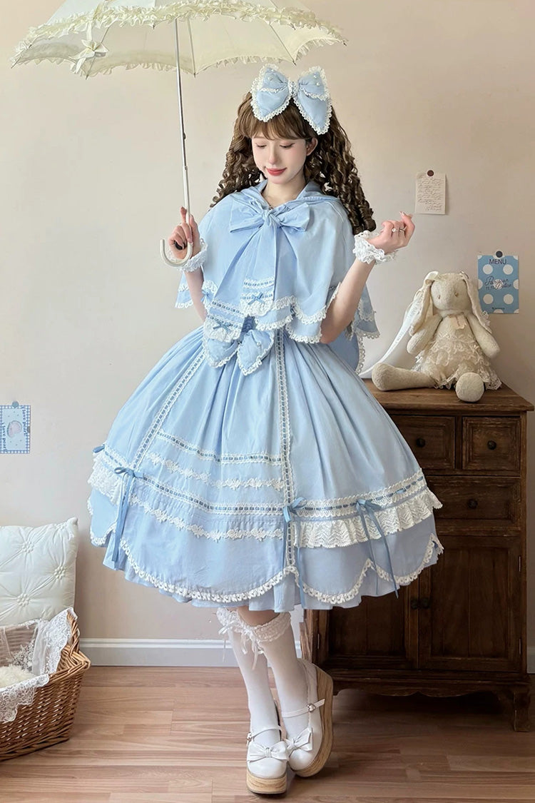 Blue [Petal Bunny] Cotton Sleeveless Ruffled Bow Lace Sweet Elegant Lolita Jsk Dress - Product - 3