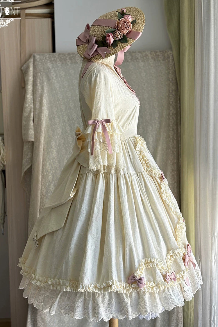 Ivory [Lilica Garden] Lapel Collar Short Trumpet Sleeves Ruffled Open-Front Bow Lace Sweet Elegant Luxurious Lolita Dress - Product - 10