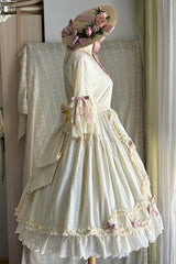 Ivory [Lilica Garden] Lapel Collar Short Trumpet Sleeves Ruffled Open-Front Bow Lace Sweet Elegant Luxurious Lolita Dress - Product - 10