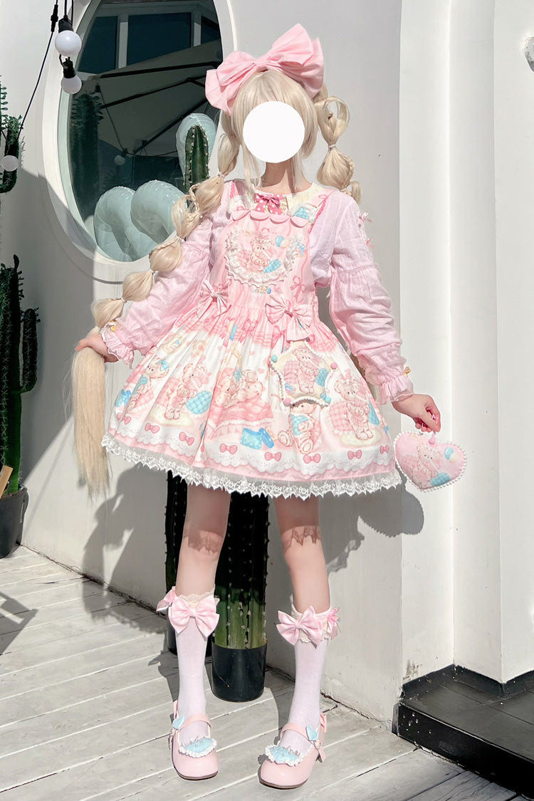 Kawaii Bears Print Pink Bowknot Stitching Lace Sweet Lolita Strap Dress - Product - 6