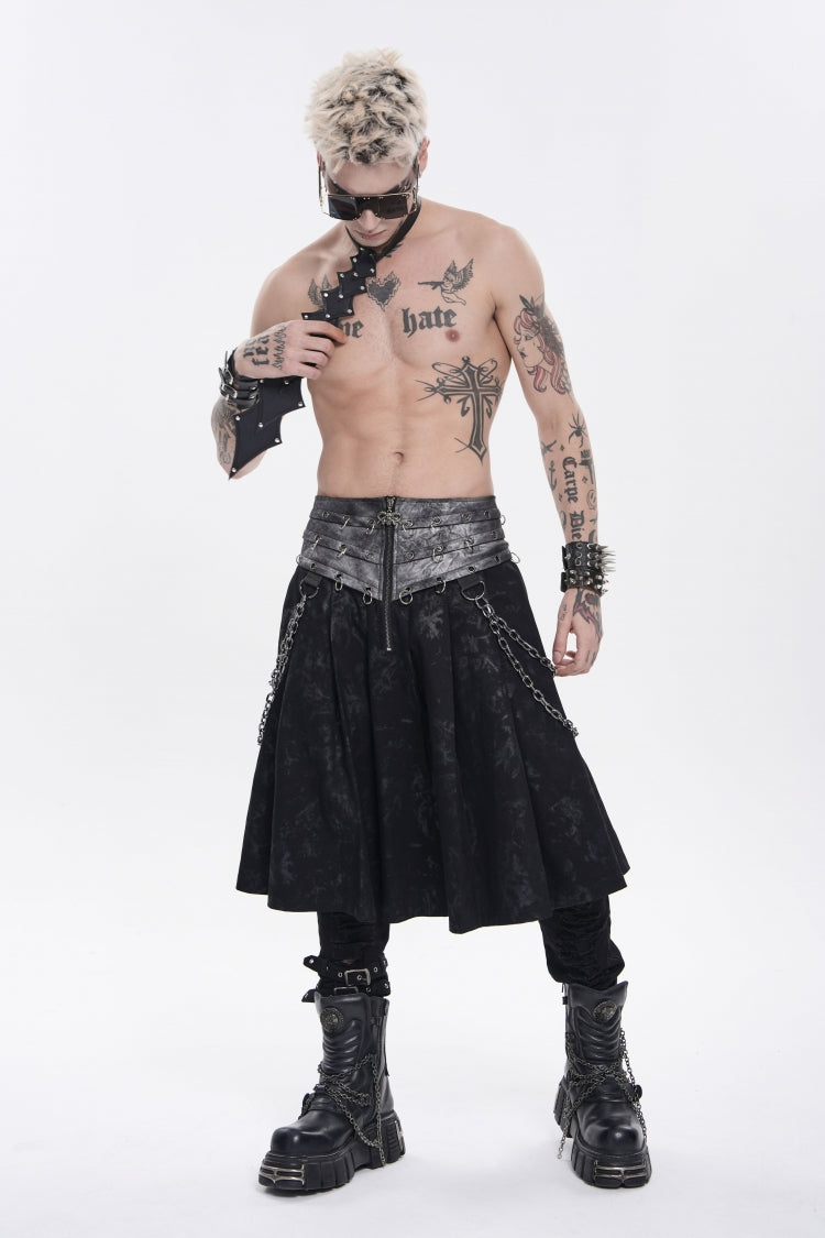 Black Printed Spliced Lace-Up Pleated Chain-Decorated Men's Punk Skirt - Product - 11