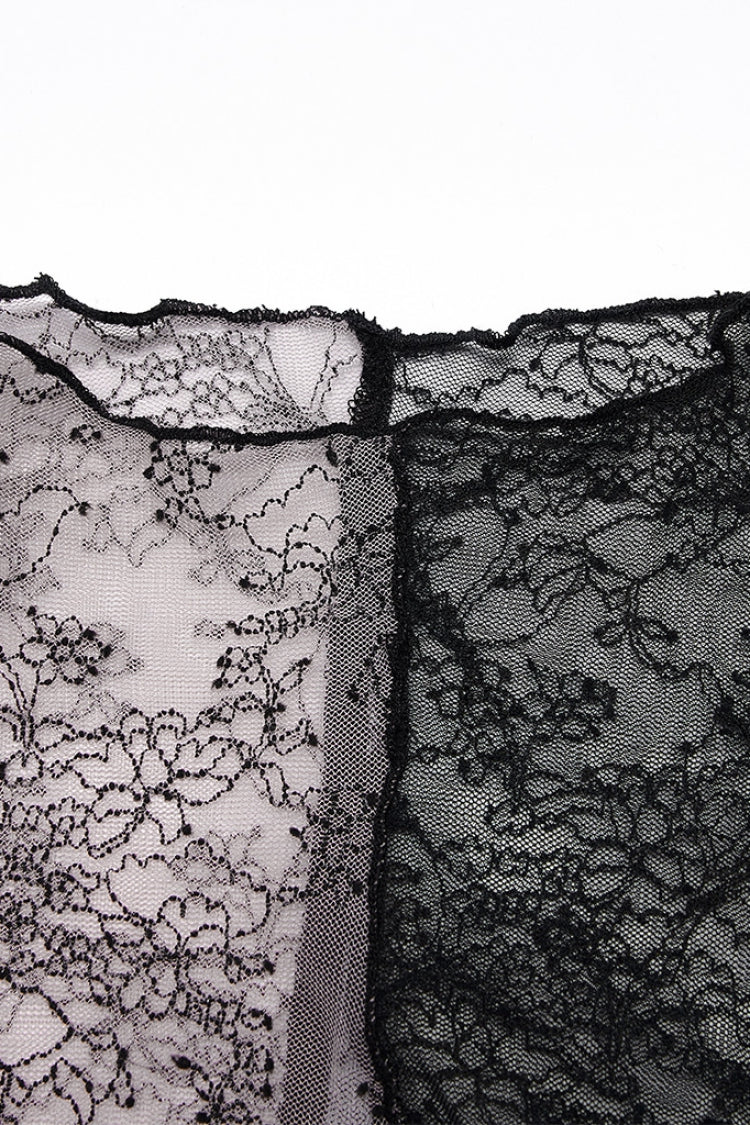 Pink/Black Gothic Lace Stitching Simple Sexy Style Thin See Through Horn Long Sleeved Women's T-Shirt - Product - 5