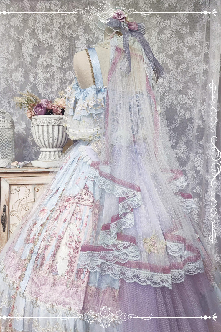 Blue [Moonlight Melody] Off Shoulder Sleeveless Multi-Layered Hanayome Open-Front Bow Lace Sweet Gorgeous Lolita Jsk Dress Set - Product - 11