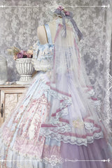 Blue [Moonlight Melody] Off Shoulder Sleeveless Multi-Layered Hanayome Open-Front Bow Lace Sweet Gorgeous Lolita Jsk Dress Set - Product - 11