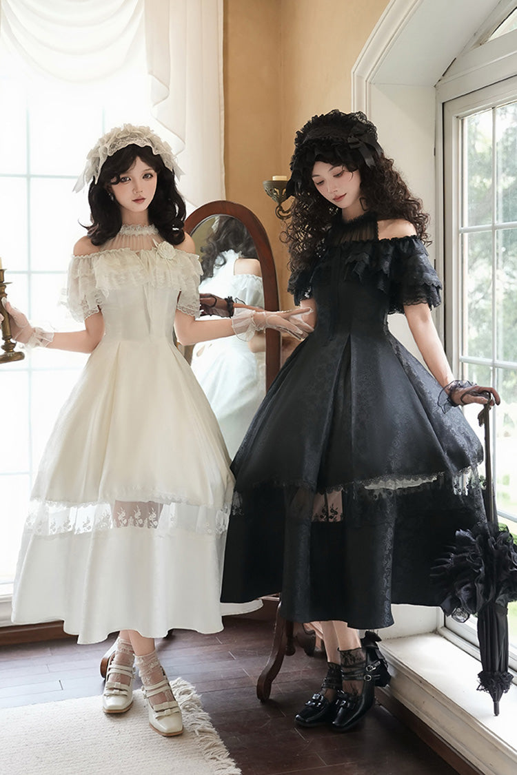 White [Flowers in the Mist] Off Shoulder Halterneck Print Ruffle Gothic Elegant Lolita Dress - Product - 12