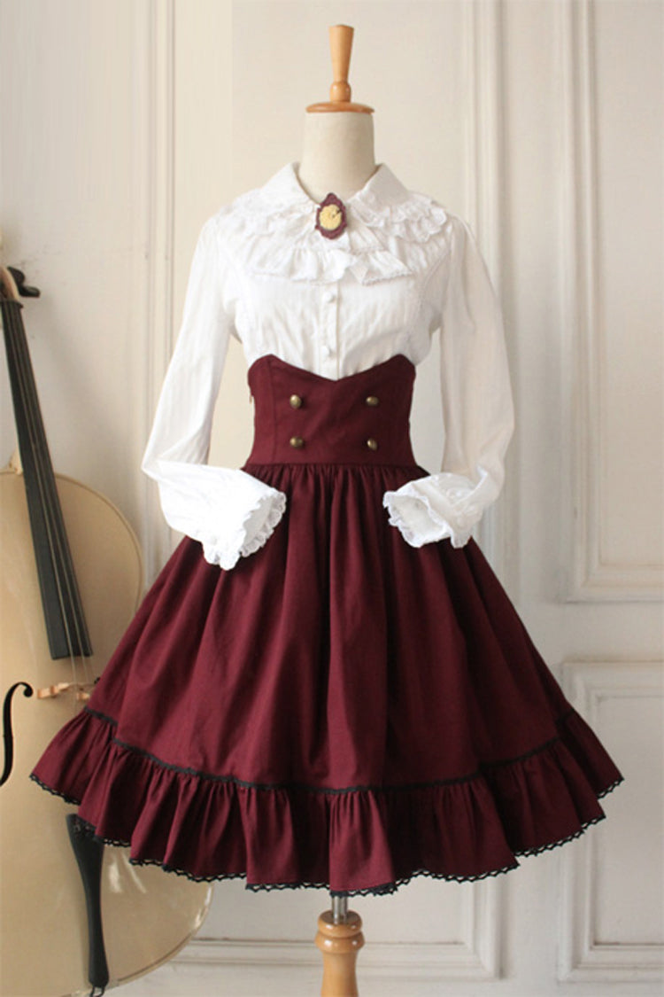 Wine Vintage College Style High Waisted Fishbone Gothic Lolita Skirt Dress - Wine - 1