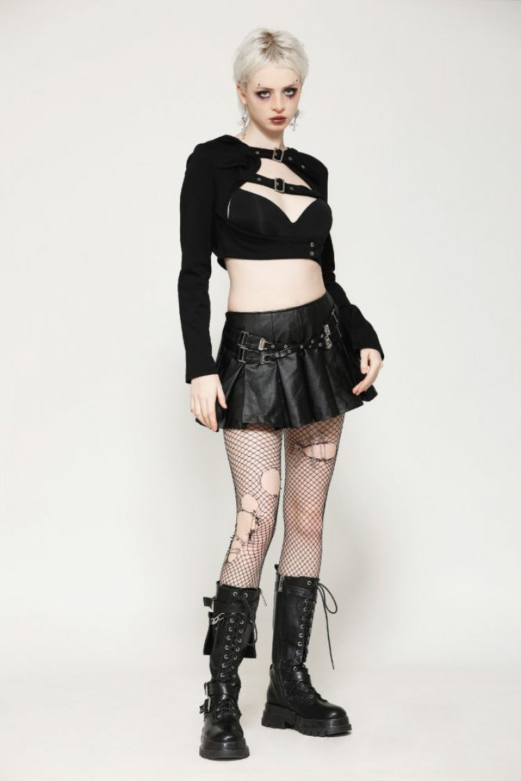 Black Long Sleeves Cut-Out Buckled Women's Punk Shrug with Hood - Product - 7
