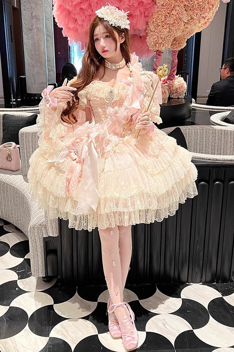 Princess Off Shoulder Multi-Layered Ruffle Bowknot Lace Sweet Elegant Lolita Strapless Dress - Product - 2