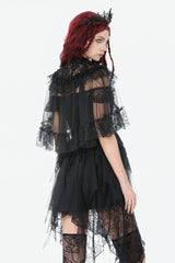 Black Sleeveless Ruffled Lace Spliced Mesh Women's Gothic Cape - Product - 8